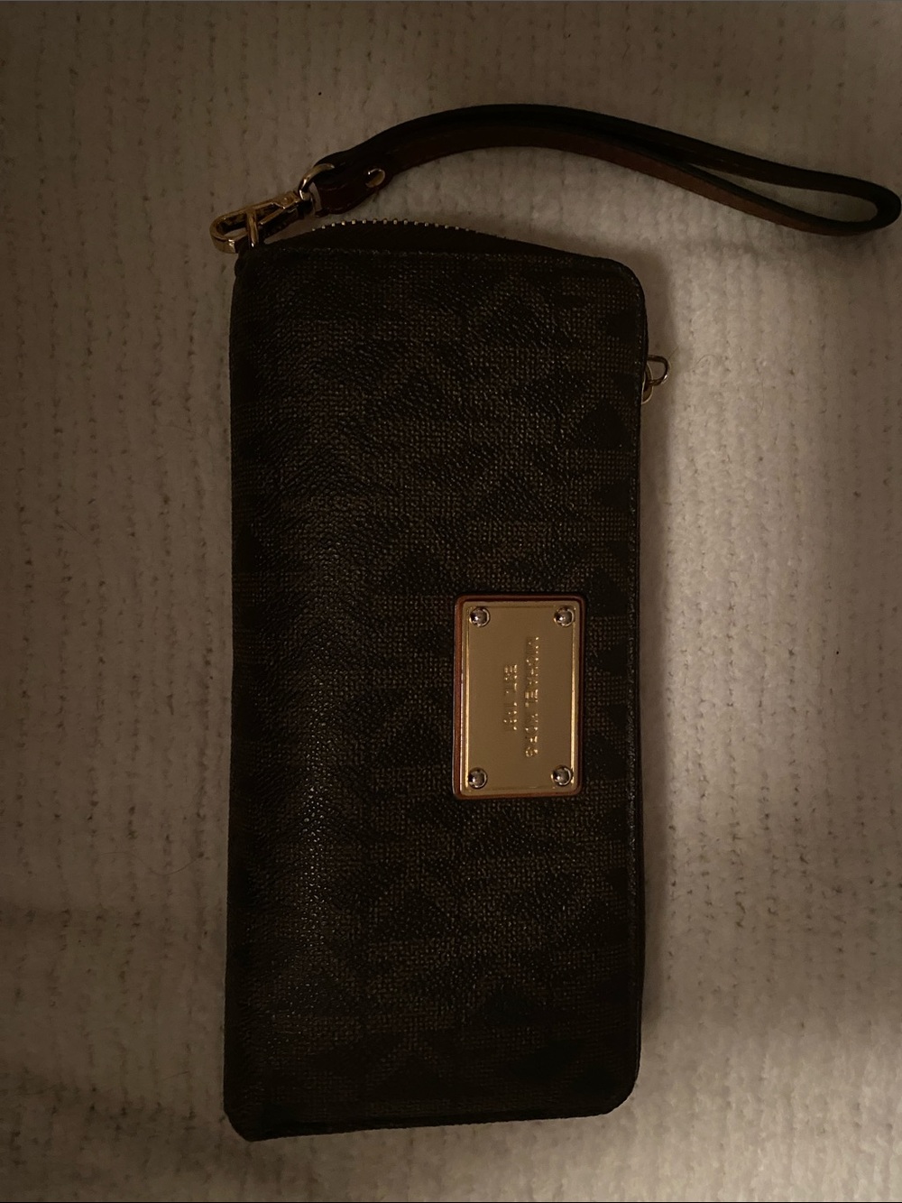 Michael Kors Dark Brown Logo Wristlet with Gold Plaque